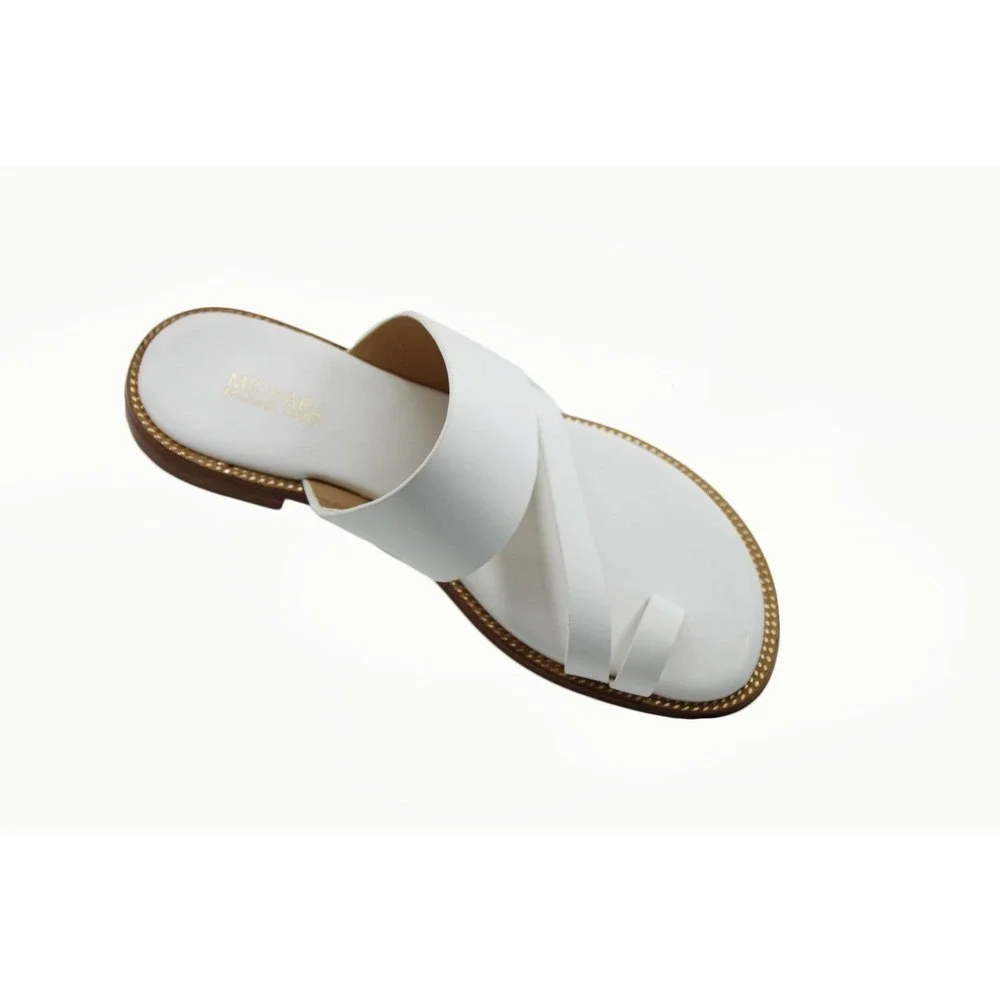 Michael Kors Womens Pratt White Leather Toe Ring Slide  Gold Bead Trim Size 5M
